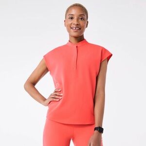 Figs Vibrant Coral Cap Sleeve Blouse